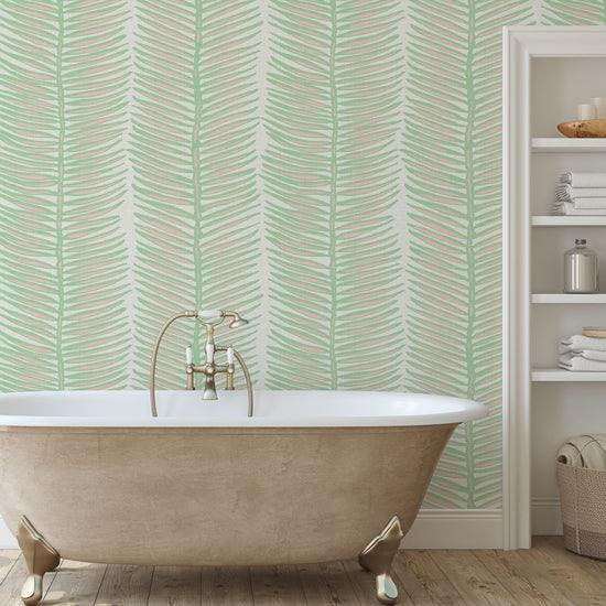 Tickets to Paradise Palm Leaf Stripe Textured Performance Vinyl Wallpaper in Mint Condition Green & Pink