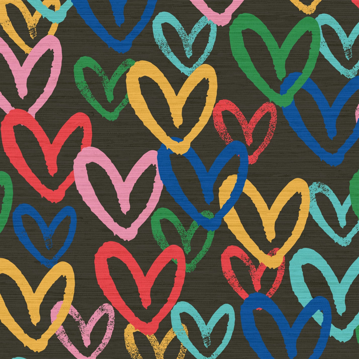 Printed grasscloth wallpaper in allover oversized layered heart print great for kids bedrooms and playroom for a fun and happy wallpaper print design and decor  Natural Textured Eco-Friendly Non-toxic High-quality  Sustainable Interior Design Bold Custom Tailor-made Retro chic black rainbow house of shan imperfect heart