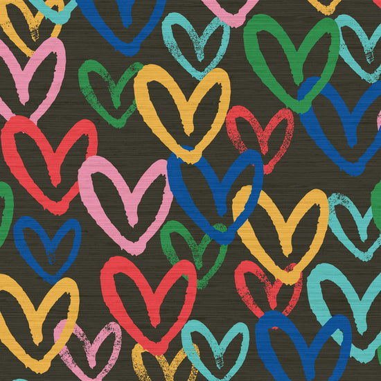 Printed grasscloth wallpaper in allover oversized layered heart print great for kids bedrooms and playroom for a fun and happy wallpaper print design and decor  Natural Textured Eco-Friendly Non-toxic High-quality  Sustainable Interior Design Bold Custom Tailor-made Retro chic house of shan imperfect heart black rainbow
