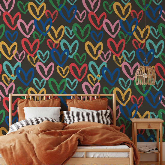 Printed grasscloth wallpaper in allover oversized layered heart print great for kids bedrooms and playroom for a fun and happy wallpaper print design and decor  Natural Textured Eco-Friendly Non-toxic High-quality  Sustainable Interior Design Bold Custom Tailor-made Retro chic black rainbow house of shan imperfect heart