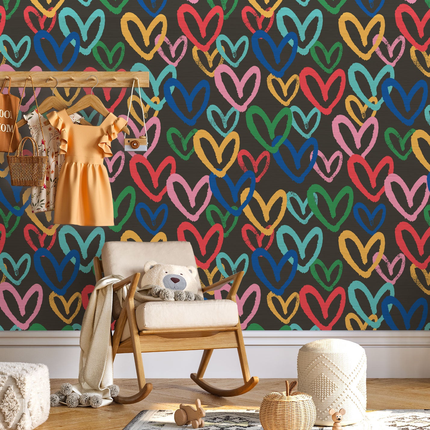 Load image into Gallery viewer, Printed grasscloth wallpaper in allover oversized layered heart print great for kids bedrooms and playroom for a fun and happy wallpaper print design and decor  Natural Textured Eco-Friendly Non-toxic High-quality  Sustainable Interior Design Bold Custom Tailor-made Retro chic black rainbow house of shan imperfect heart
