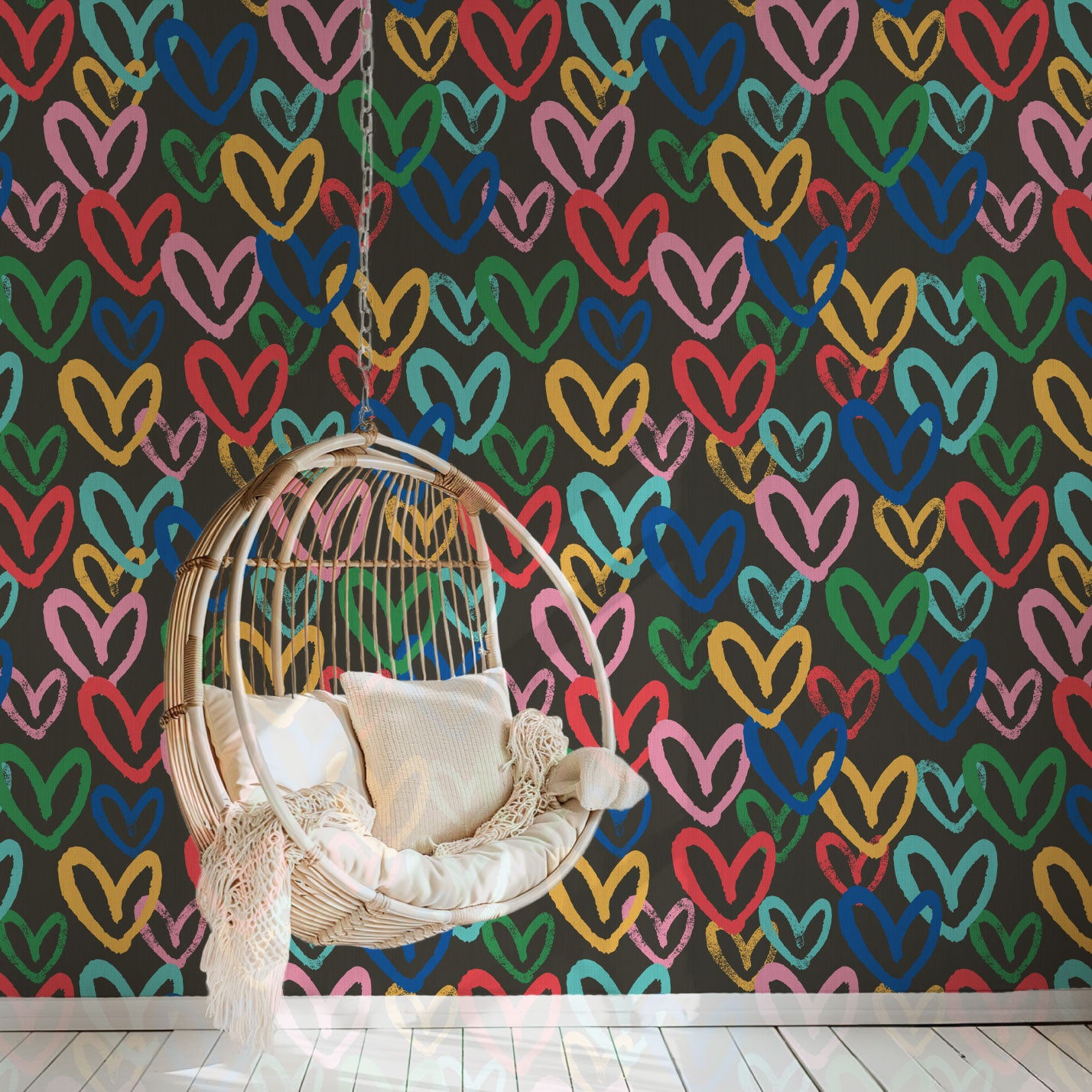 Printed grasscloth wallpaper in allover oversized layered heart print great for kids bedrooms and playroom for a fun and happy wallpaper print design and decor  Natural Textured Eco-Friendly Non-toxic High-quality  Sustainable Interior Design Bold Custom Tailor-made Retro chic black rainbow house of shan imperfect heart house of shan paper weave paperweave basketweave basket weave