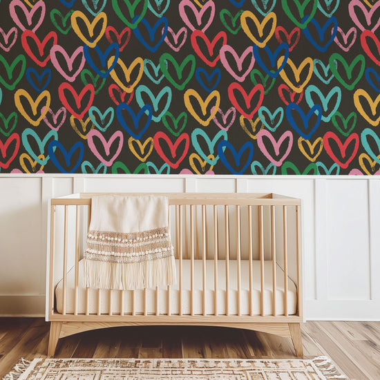 Printed grasscloth wallpaper in allover oversized layered heart print great for kids bedrooms and playroom for a fun and happy wallpaper print design and decor  Natural Textured Eco-Friendly Non-toxic High-quality  Sustainable Interior Design Bold Custom Tailor-made Retro chic black rainbow house of shan imperfect heart house of shan paper weave paperweave basketweave basket weave