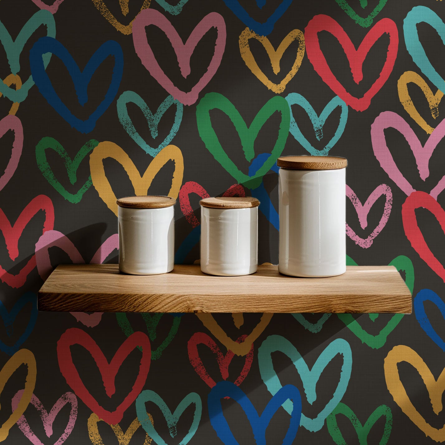 House of Shan Total Eclipse Hearts Textured Performance Vinyl Wallpaper in Bonnie Black Rainbow