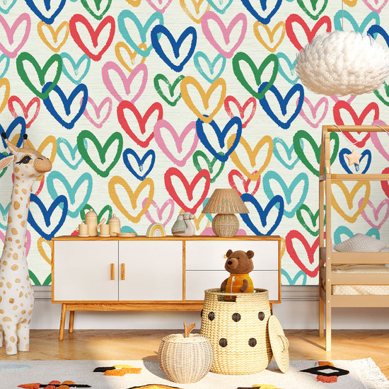 Printed grasscloth wallpaper in allover oversized layered heart print great for kids bedrooms and playroom for a fun and happy wallpaper print design and decor Natural Textured Eco-Friendly Non-toxic High-quality Sustainable Interior Design Bold Custom Tailor-made Retro chic House of Shan Imperfect heart white rainbow