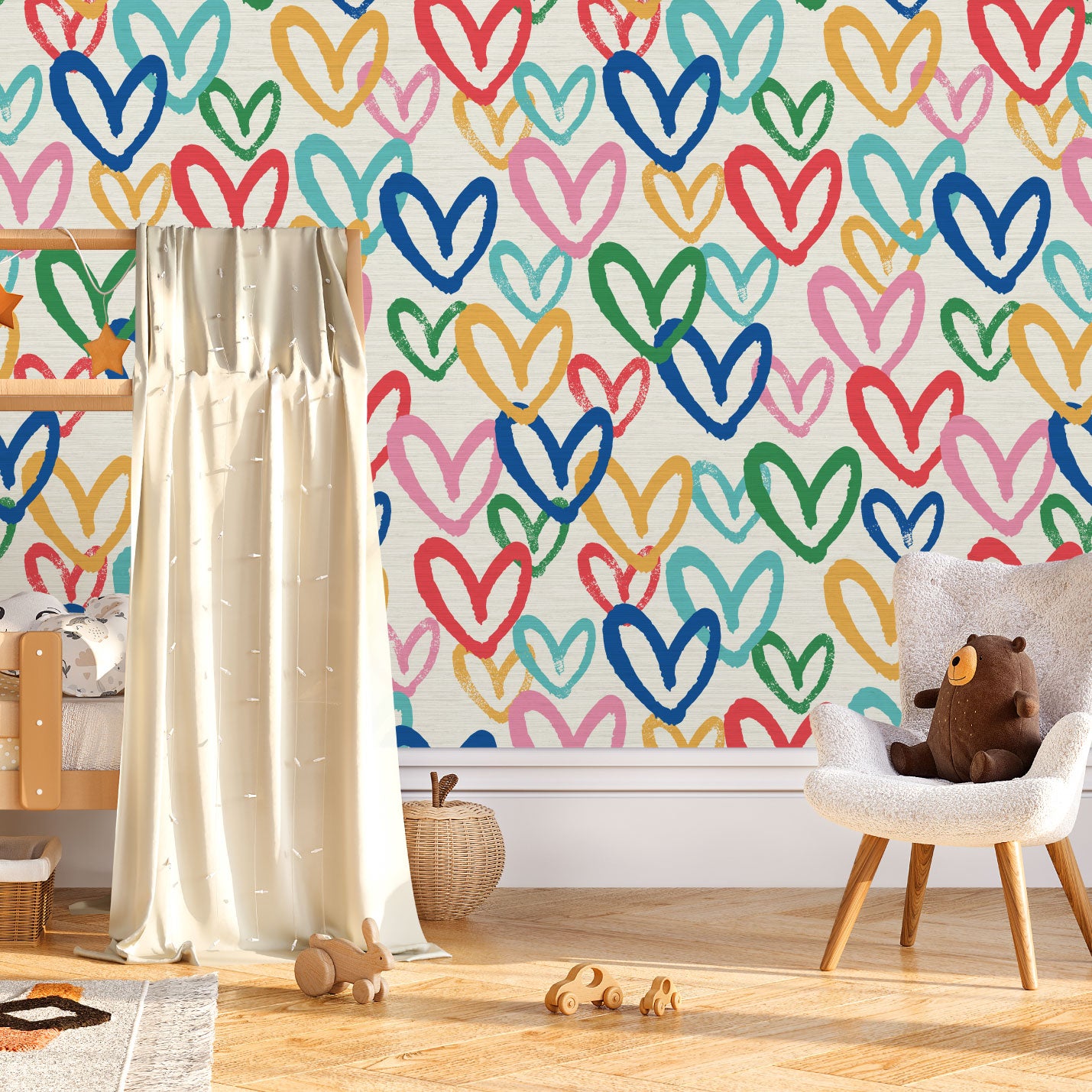 Printed grasscloth wallpaper in allover oversized layered heart print great for kids bedrooms and playroom for a fun and happy wallpaper print design and decor Natural Textured Eco-Friendly Non-toxic High-quality Sustainable Interior Design Bold Custom Tailor-made Retro chic House of Shan Imperfect heart white rainbow