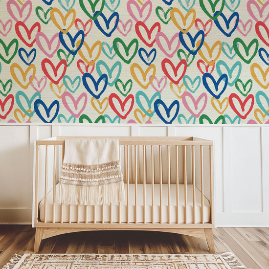 Printed grasscloth wallpaper in allover oversized layered heart print great for kids bedrooms and playroom for a fun and happy wallpaper print design and decor Natural Textured Eco-Friendly Non-toxic High-quality Sustainable Interior Design Bold Custom Tailor-made Retro chic House of Shan Imperfect heart white rainbow