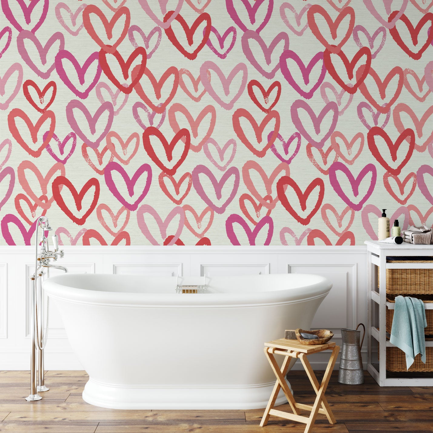 Printed grasscloth wallpaper in allover oversized layered heart print great for kids bedrooms and playroom for a fun and happy wallpaper print design and decor Natural Textured Eco-Friendly Non-toxic High-quality Sustainable Interior Design Bold Custom Tailor-made Retro chic House of Shan Imperfect heart white rpink hot pink red bathroom