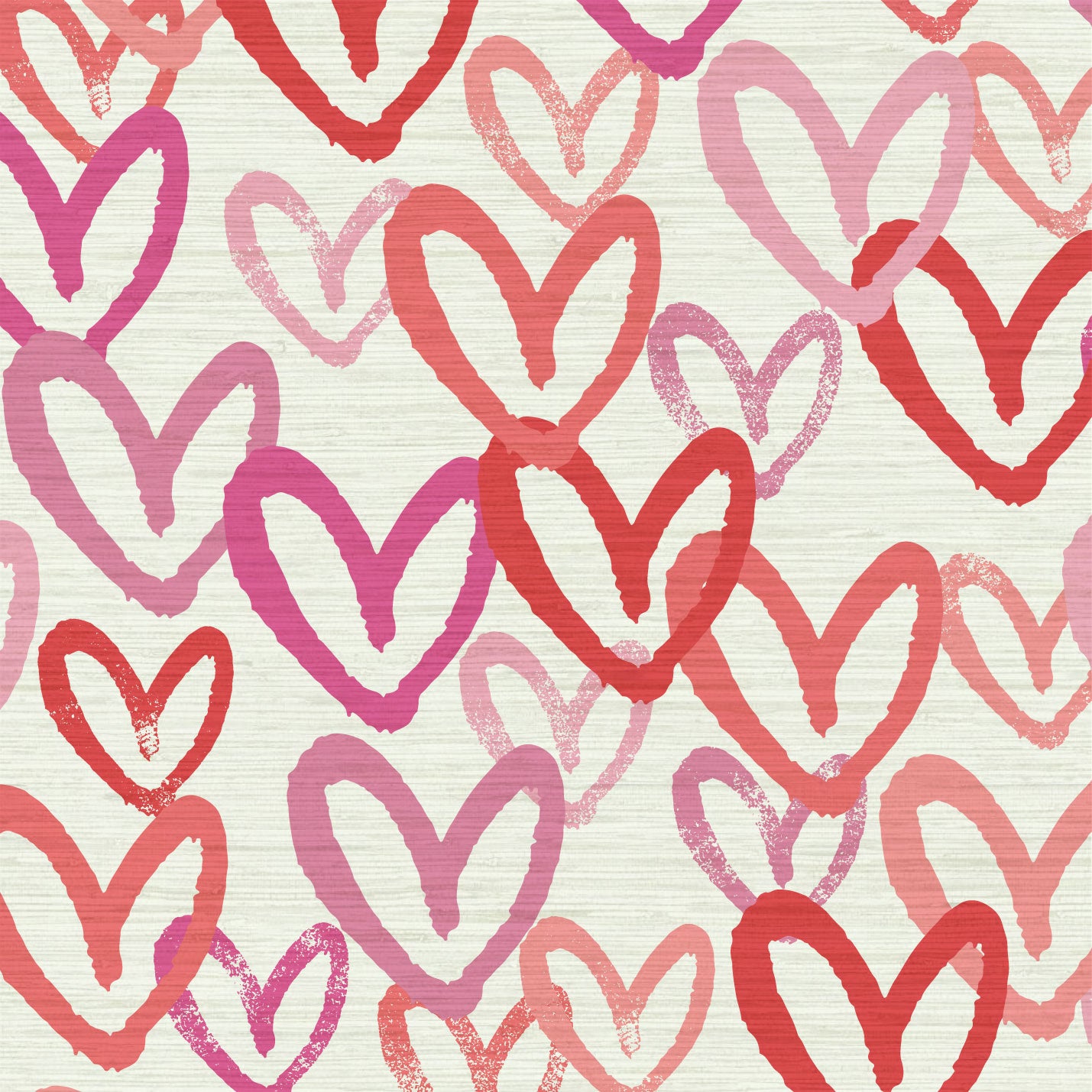 Printed grasscloth wallpaper in allover oversized layered heart print great for kids bedrooms and playroom for a fun and happy wallpaper print design and decor Natural Textured Eco-Friendly Non-toxic High-quality Sustainable Interior Design Bold Custom Tailor-made Retro chic House of Shan Imperfect heart white rpink hot pink red