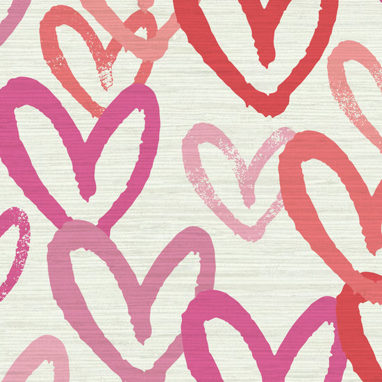 Printed grasscloth wallpaper in allover oversized layered heart print great for kids bedrooms and playroom for a fun and happy wallpaper print design and decor Natural Textured Eco-Friendly Non-toxic High-quality Sustainable Interior Design Bold Custom Tailor-made Retro chic House of Shan Imperfect heart white rpink hot pink red