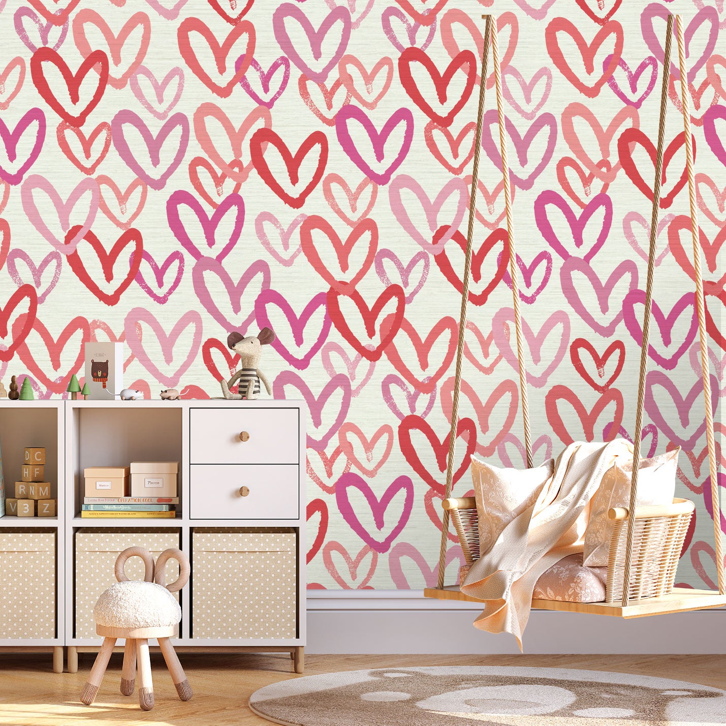 Printed grasscloth wallpaper in allover oversized layered heart print great for kids bedrooms and playroom for a fun and happy wallpaper print design and decor Natural Textured Eco-Friendly Non-toxic High-quality Sustainable Interior Design Bold Custom Tailor-made Retro chic House of Shan Imperfect heart white rpink hot pink red nursery bedroom girl