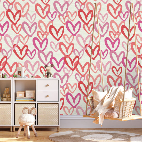 Load image into Gallery viewer, Printed grasscloth wallpaper in allover oversized layered heart print great for kids bedrooms and playroom for a fun and happy wallpaper print design and decor Natural Textured Eco-Friendly Non-toxic High-quality Sustainable Interior Design Bold Custom Tailor-made Retro chic House of Shan Imperfect heart white rpink hot pink red nursery bedroom girl
