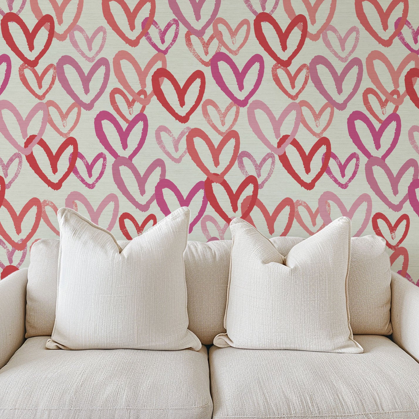 Printed grasscloth wallpaper in allover oversized layered heart print great for kids bedrooms and playroom for a fun and happy wallpaper print design and decor Natural Textured Eco-Friendly Non-toxic High-quality Sustainable Interior Design Bold Custom Tailor-made Retro chic House of Shan Imperfect heart white rpink hot pink red