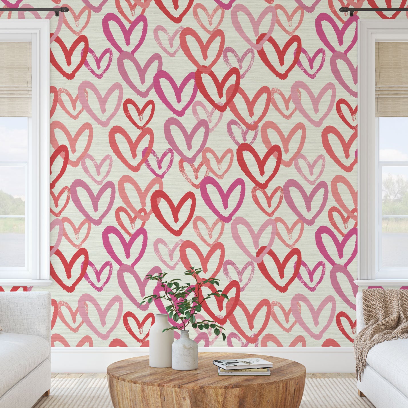 Printed grasscloth wallpaper in allover oversized layered heart print great for kids bedrooms and playroom for a fun and happy wallpaper print design and decor Natural Textured Eco-Friendly Non-toxic High-quality Sustainable Interior Design Bold Custom Tailor-made Retro chic House of Shan Imperfect heart white rpink hot pink red