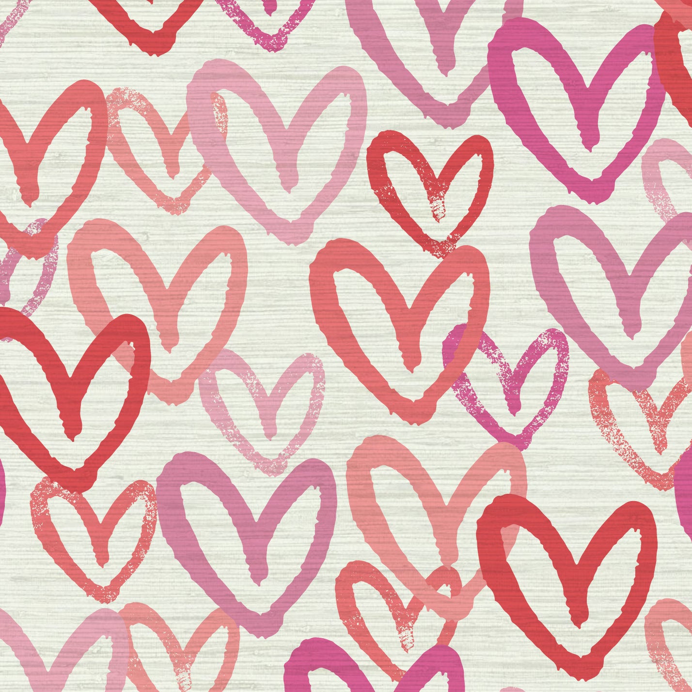 Printed grasscloth wallpaper in allover oversized layered heart print great for kids bedrooms and playroom for a fun and happy wallpaper print design and decor Natural Textured Eco-Friendly Non-toxic High-quality Sustainable Interior Design Bold Custom Tailor-made Retro chic House of Shan Imperfect heart white rpink hot pink red