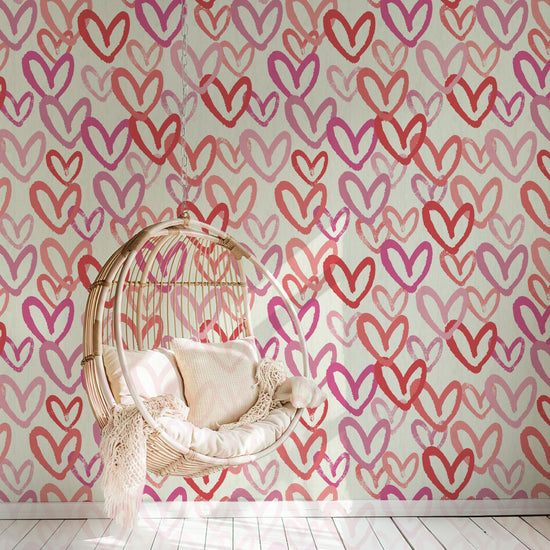 wallpaper in allover oversized layered heart print great for kids bedrooms and playroom for a fun and happy wallpaper print design and decor Natural Textured Eco-Friendly Non-toxic High-quality Sustainable Interior Design Bold Custom Tailor-made Retro chic House of Shan Imperfect heart white rpink hot pink red bathroom paper weave paperweave basketweave basket weave