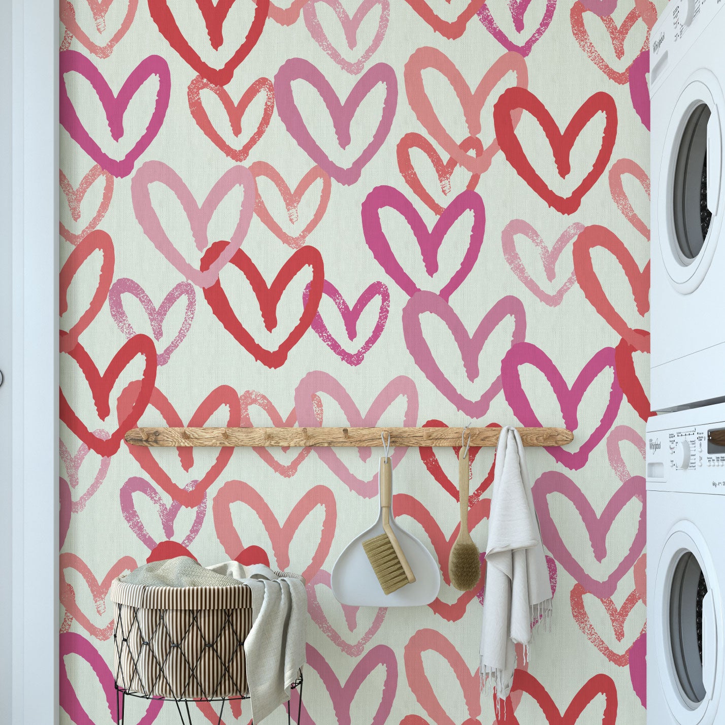 wallpaper in allover oversized layered heart print great for kids bedrooms and playroom for a fun and happy wallpaper print design and decor Natural Textured Eco-Friendly Non-toxic High-quality Sustainable Interior Design Bold Custom Tailor-made Retro chic House of Shan Imperfect heart white rpink hot pink red bathroom paper weave paperweave basketweave basket weave