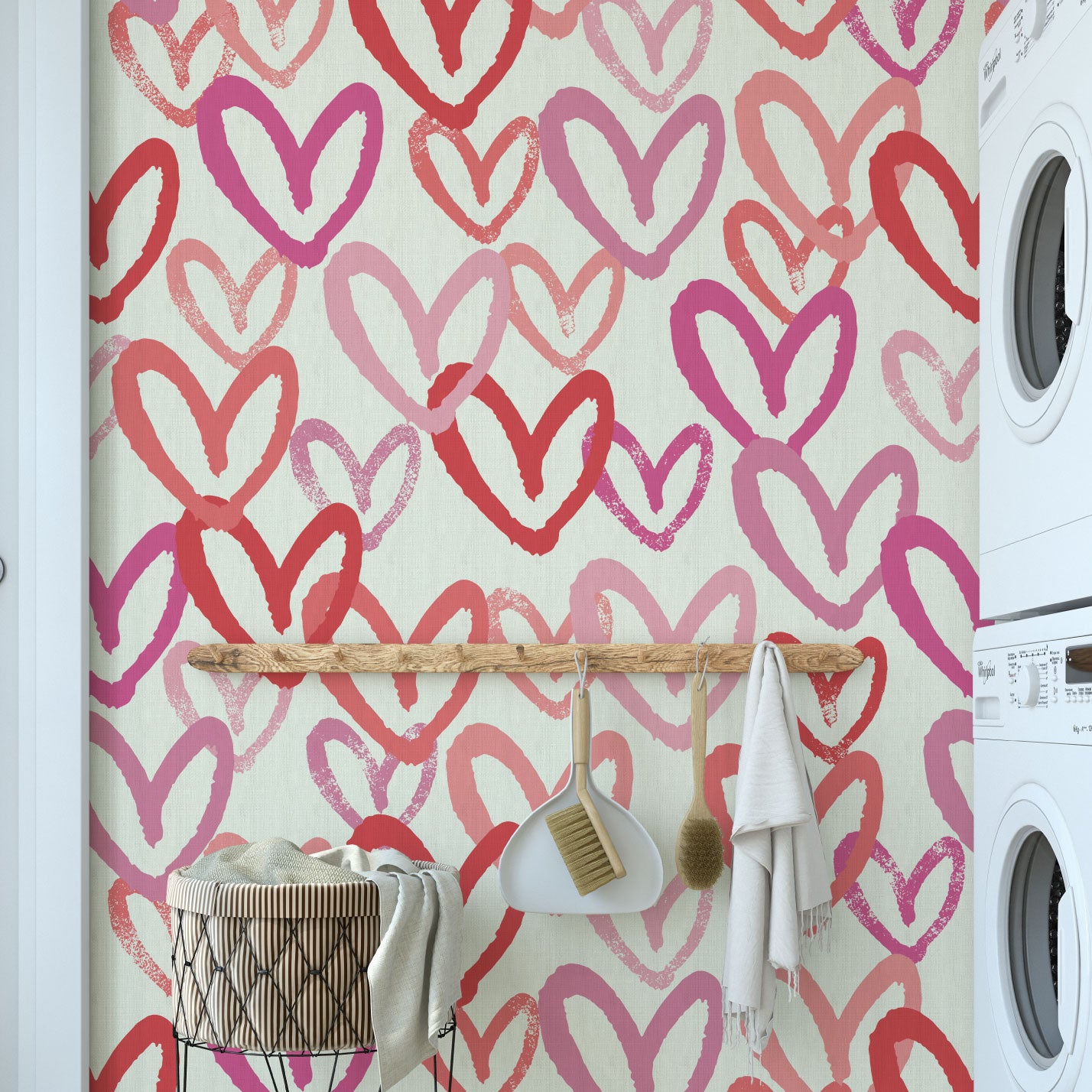 wallpaper in allover oversized layered heart print great for kids bedrooms and playroom for a fun and happy wallpaper print design and decor Natural Textured Eco-Friendly Non-toxic High-quality Sustainable Interior Design Bold Custom Tailor-made Retro chic House of Shan Imperfect heart white rpink hot pink red bathroom paper weave paperweave basketweave basket weave