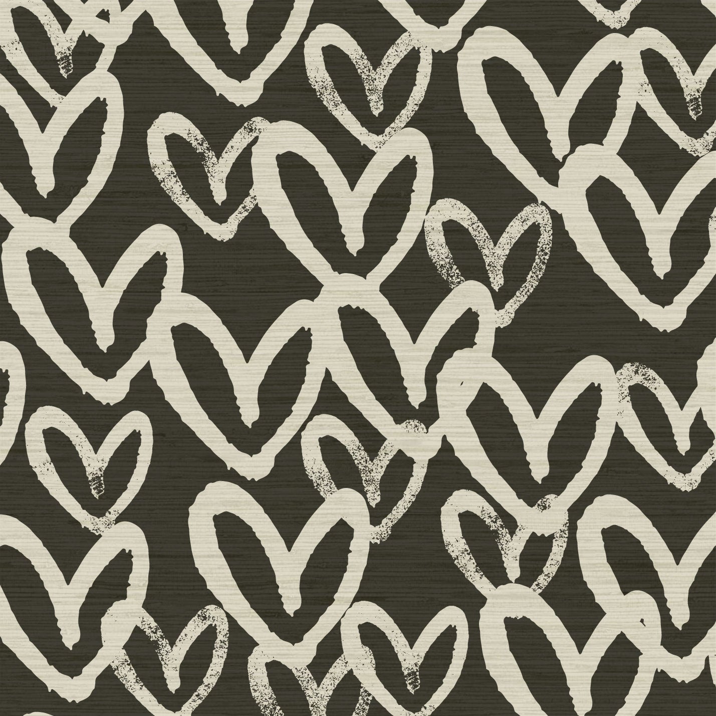 Printed grasscloth wallpaper in allover oversized layered heart print great for kids bedrooms and playroom for a fun and happy wallpaper print design and decor Natural Textured Eco-Friendly Non-toxic High-quality Sustainable Interior Design Bold Custom Tailor-made Retro chic House of Shan Imperfect heart white black