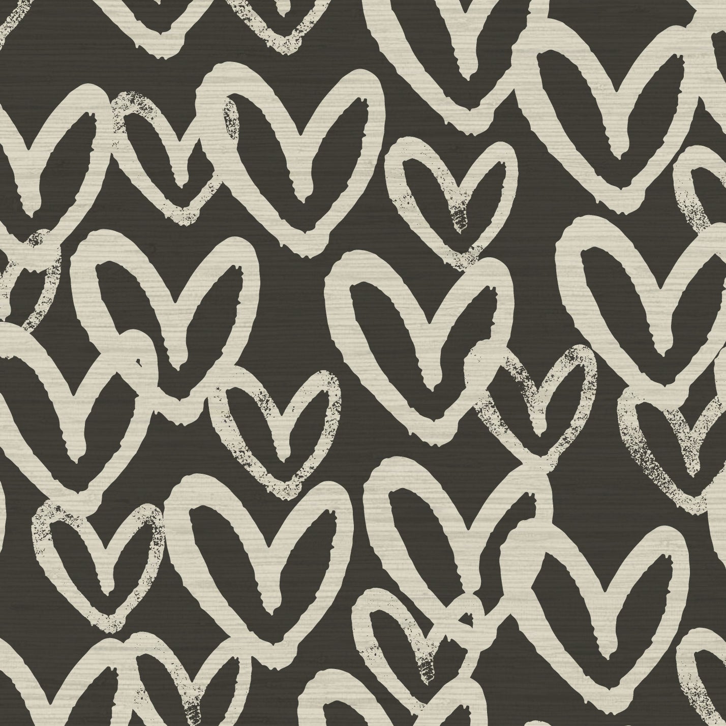 Printed grasscloth wallpaper in allover oversized layered heart print great for kids bedrooms and playroom for a fun and happy wallpaper print design and decor Natural Textured Eco-Friendly Non-toxic High-quality Sustainable Interior Design Bold Custom Tailor-made Retro chic House of Shan Imperfect heart white black