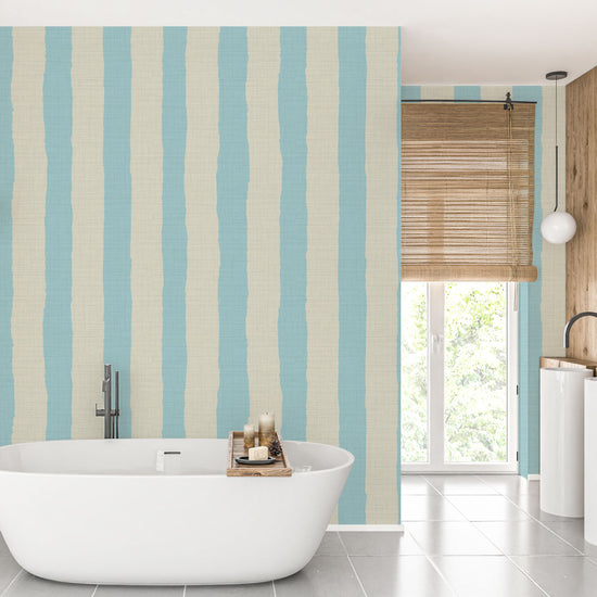 Under the Boardwalk Stripe Textured Performance Vinyl Wallpaper in Billy's Ocean Blue