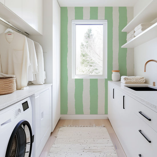 Under the Boardwalk Stripe Textured Performance Vinyl Wallpaper in Mint Condition Green