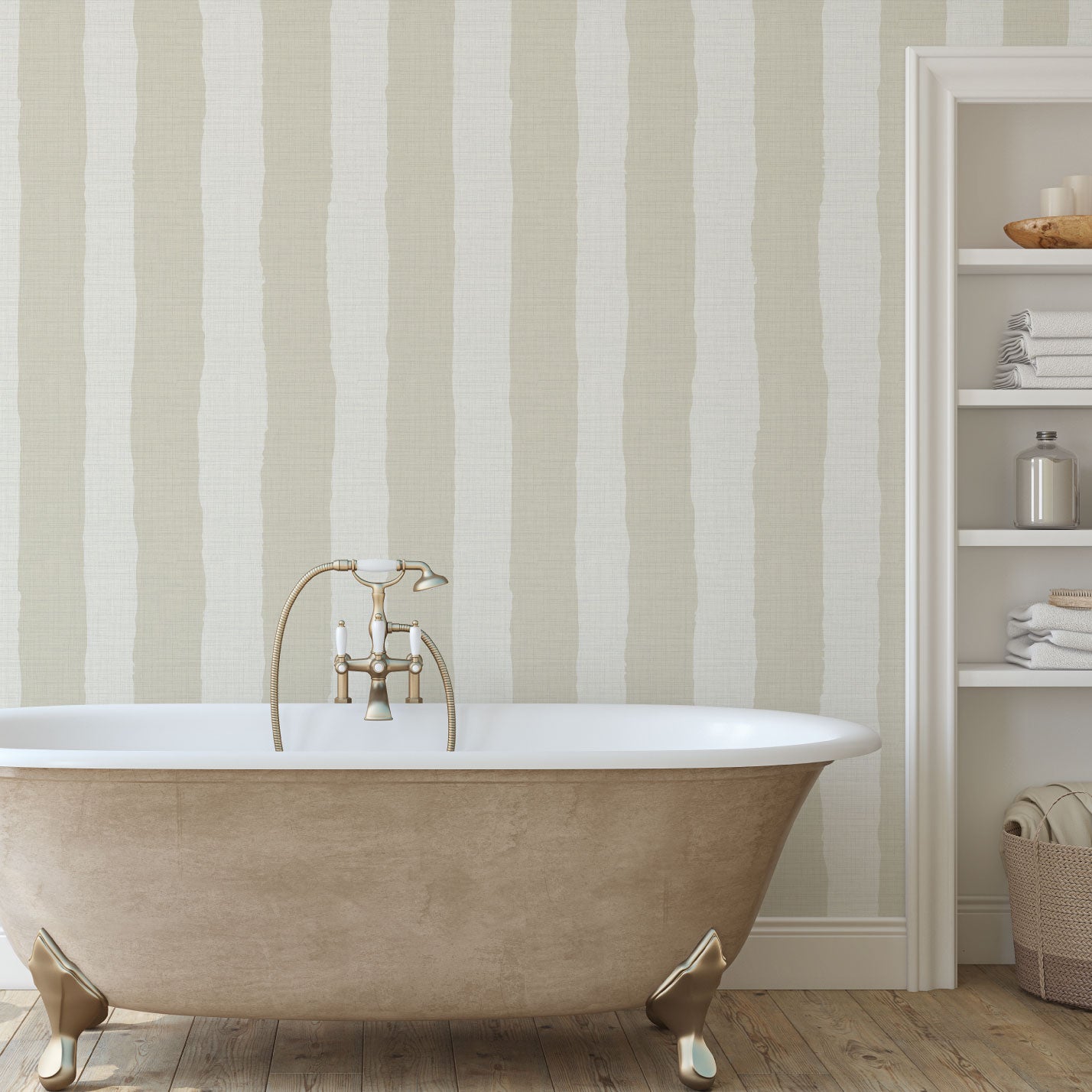 Under the Boardwalk Stripe Textured Performance Vinyl Wallpaper in Sand Castle Tan & White