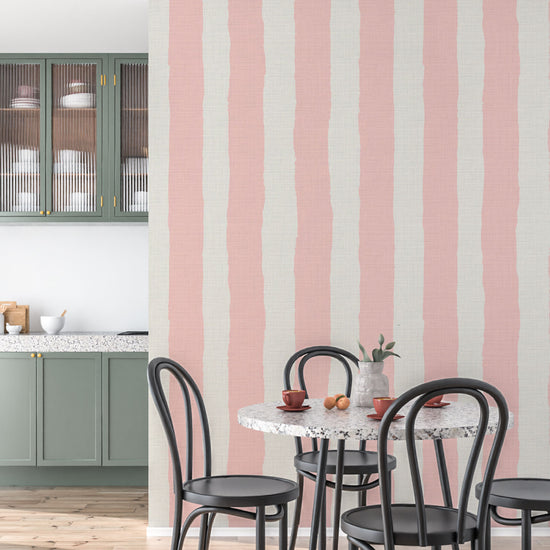 Under the Boardwalk Stripe Textured Performance Vinyl Wallpaper in Strawberry Milkshake Pink