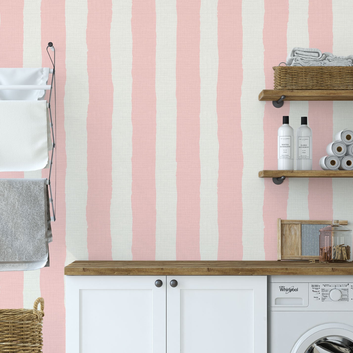 Under the Boardwalk Stripe Textured Performance Vinyl Wallpaper in Strawberry Milkshake Pink