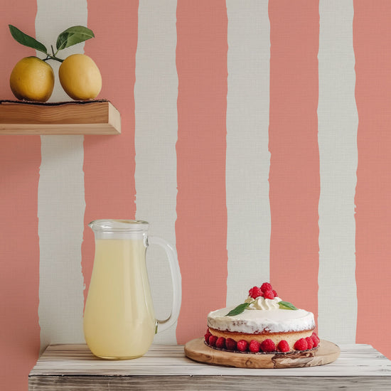 Under the Boardwalk Stripe Textured Performance Vinyl Wallpaper in Strawberry Shortcake Coral