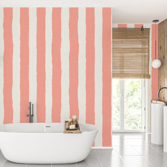 Under the Boardwalk Stripe Textured Performance Vinyl Wallpaper in Strawberry Shortcake Coral