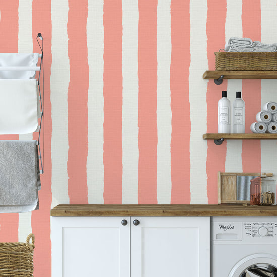 Under the Boardwalk Stripe Textured Performance Vinyl Wallpaper in Strawberry Shortcake Coral