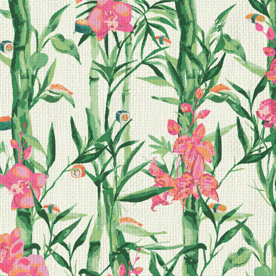 wallpaper Natural Textured Eco-Friendly Non-toxic High-quality Sustainable Interior Design Bold Custom Tailor-made Retro chic Grandmillennial Maximalism Traditional Dopamine decor Tropical Jungle Coastal Garden Seaside Seashore Waterfront Vacation home styling Retreat Relaxed beach vibes Beach cottage Shoreline Oceanfront Nautical Cabana hibiscus botanical floral vertical stripe nature inspired sushi japanese asian inspired hibiscus green pink white cream paper weave paperweave basketweave basket weave