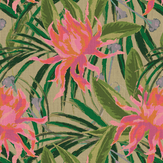 olive green based featuring oversized painterly tropical flowers and palm leafs in striking shades of pink, orange and lavender and leafs in shades of deep green Natural Textured Eco-Friendly Non-toxic High-quality Sustainable Interior Design Bold Custom Tailor-made Retro chic Tropical Jungle Coastal preppy Garden Seaside Coastal Seashore Waterfront Vacation home styling Retreat Relaxed beach vibes Beach cottage Shoreline Oceanfront botanical palm leaf fabric upholstery drapery