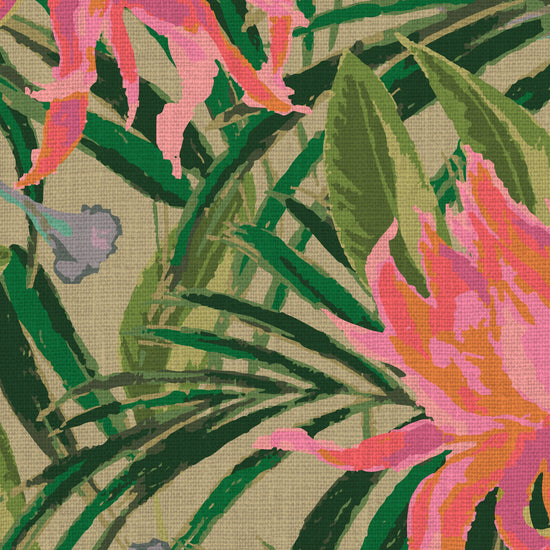 olive green based featuring oversized painterly tropical flowers and palm leafs in striking shades of pink, orange and lavender and leafs in shades of deep green Natural Textured Eco-Friendly Non-toxic High-quality Sustainable Interior Design Bold Custom Tailor-made Retro chic Tropical Jungle Coastal preppy Garden Seaside Coastal Seashore Waterfront Vacation home styling Retreat Relaxed beach vibes Beach cottage Shoreline Oceanfront botanical palm leaf fabric upholstery drapery