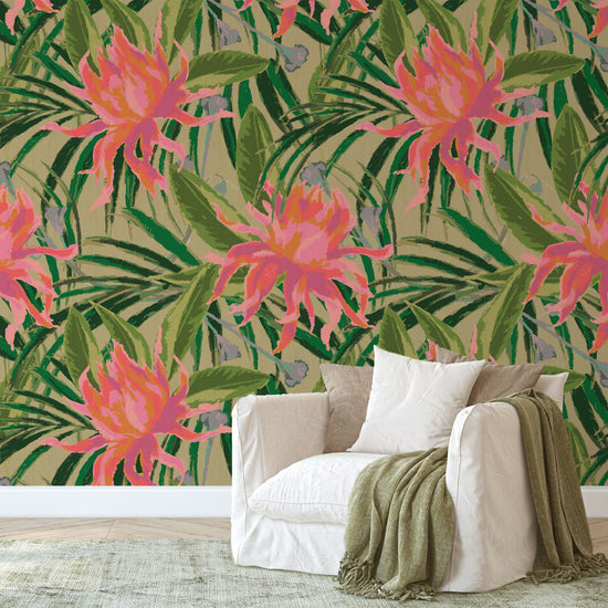 paperweave paper weave wallpaper with olive green based featuring oversized painterly tropical flowers and palm leafs in striking shades of pink, orange and lavender and leafs in shades of deep green Natural Textured Eco-Friendly Non-toxic High-quality Sustainable Interior Design Bold Custom Tailor-made Retro chic Tropical Jungle Coastal preppy Garden Seaside Coastal Seashore Waterfront Vacation home styling Retreat Relaxed beach vibes Beach cottage Shoreline Oceanfront botanical palm leaf living room