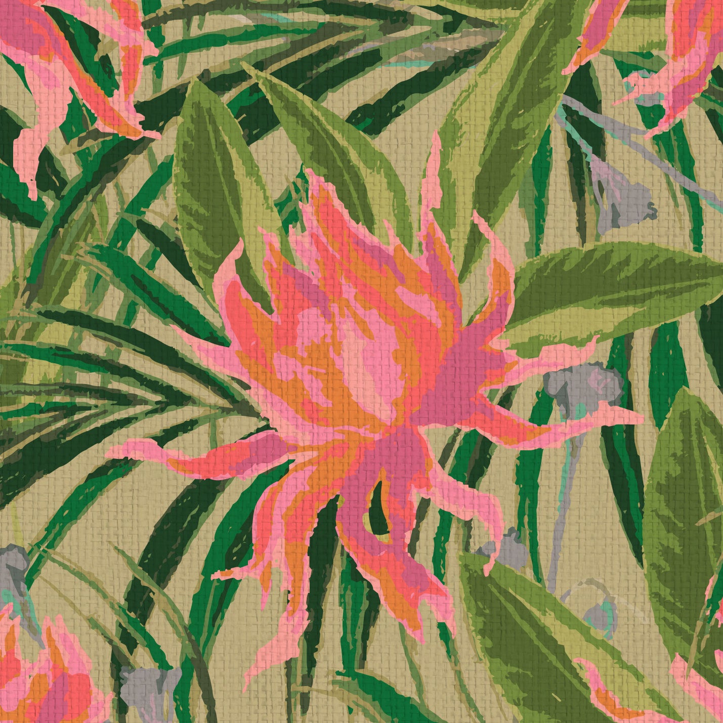 wallpaper with olive green based featuring oversized painterly tropical flowers and palm leafs in striking shades of pink and orange and leafs in shades of bright green Natural Textured Eco-Friendly Non-toxic High-quality Sustainable Interior Design Bold Custom Tailor-made Retro chic Tropical Jungle Coastal preppy Garden Seaside Coastal Seashore Waterfront Vacation home styling Retreat Relaxed beach vibes Beach cottage Shoreline Oceanfront botanical palm leaf paperweave paper weave
