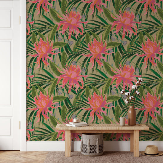 wallpaper with olive green based featuring oversized painterly tropical flowers and palm leafs in striking shades of pink, orange and lavender and leafs in shades of deep green Natural Textured Eco-Friendly Non-toxic High-quality Sustainable Interior Design Bold Custom Tailor-made Retro chic Tropical Jungle Coastal preppy Garden Seaside Coastal Seashore Waterfront Vacation home styling Retreat Relaxed beach vibes Beach cottage Shoreline Oceanfront botanical palm leaf linen