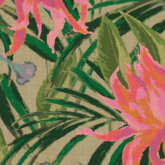 wallpaper with olive green based featuring oversized painterly tropical flowers and palm leafs in striking shades of pink, orange and lavender and leafs in shades of deep green Natural Textured Eco-Friendly Non-toxic High-quality Sustainable Interior Design Bold Custom Tailor-made Retro chic Tropical Jungle Coastal preppy Garden Seaside Coastal Seashore Waterfront Vacation home styling Retreat Relaxed beach vibes Beach cottage Shoreline Oceanfront botanical palm leaf linen