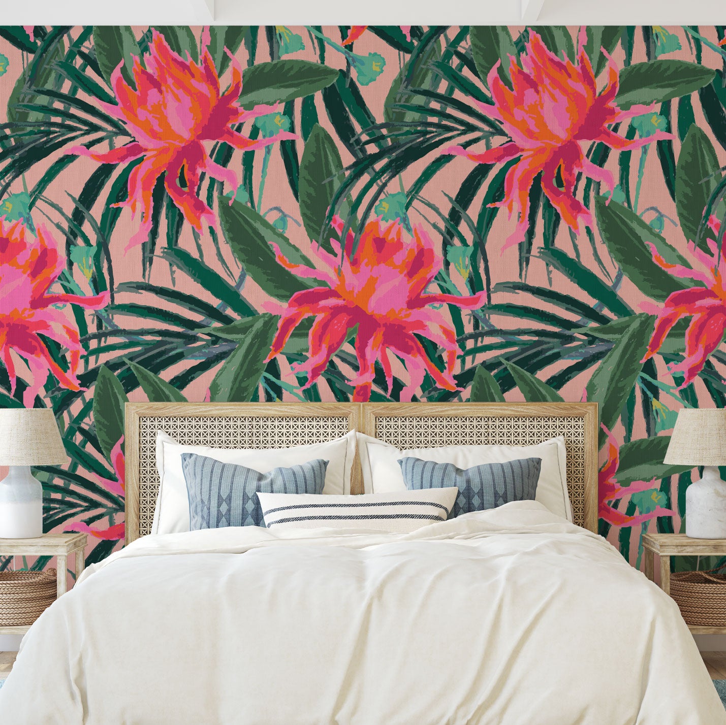 paper weave paperweave wallpaper with light pink based featuring oversized painterly tropical flowers and palm leafs in striking shades of pink and leafs in shades of deep green Natural Textured Eco-Friendly Non-toxic High-quality Sustainable Interior Design Bold Custom Tailor-made Retro chic Tropical Jungle Coastal preppy Garden Seaside Coastal Seashore Waterfront Vacation home styling Retreat Relaxed beach vibes Beach cottage Shoreline Oceanfront botanical palm leaf bedroom