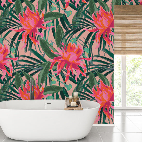 paper weave paperweave wallpaper with light pink based featuring oversized painterly tropical flowers and palm leafs in striking shades of pink and leafs in shades of deep green Natural Textured Eco-Friendly Non-toxic High-quality Sustainable Interior Design Bold Custom Tailor-made Retro chic Tropical Jungle Coastal preppy Garden Seaside Coastal Seashore Waterfront Vacation home styling Retreat Relaxed beach vibes Beach cottage Shoreline Oceanfront botanical palm leaf bathroom