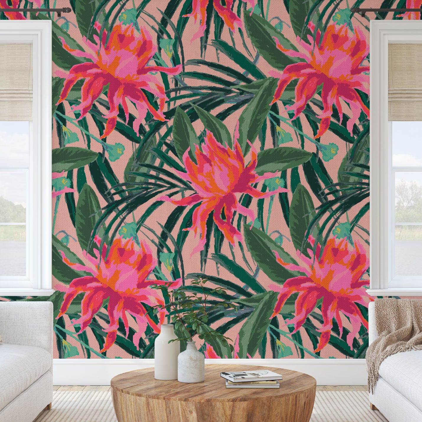 paper weave paperweave wallpaper with light pink based featuring oversized painterly tropical flowers and palm leafs in striking shades of pink and leafs in shades of deep green Natural Textured Eco-Friendly Non-toxic High-quality Sustainable Interior Design Bold Custom Tailor-made Retro chic Tropical Jungle Coastal preppy Garden Seaside Coastal Seashore Waterfront Vacation home styling Retreat Relaxed beach vibes Beach cottage Shoreline Oceanfront botanical palm leaf living room