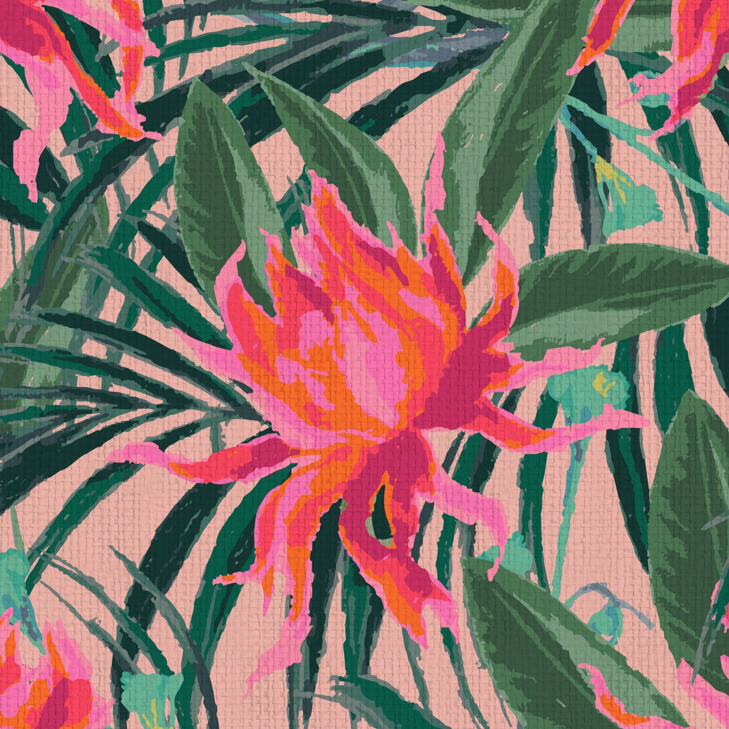 wallpaper with light pink based featuring oversized painterly tropical flowers and palm leafs in striking shades of pink and leafs in shades of deep green Natural Textured Eco-Friendly Non-toxic High-quality Sustainable Interior Design Bold Custom Tailor-made Retro chic Tropical Jungle Coastal preppy Garden Seaside Coastal Seashore Waterfront Vacation home styling Retreat Relaxed beach vibes Beach cottage Shoreline Oceanfront botanical palm leaf