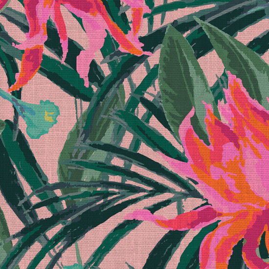 wallpaper with light pink based featuring oversized painterly tropical flowers and palm leafs in striking shades of pink and leafs in shades of deep green Natural Textured Eco-Friendly Non-toxic High-quality Sustainable Interior Design Bold Custom Tailor-made Retro chic Tropical Jungle Coastal preppy Garden Seaside Coastal Seashore Waterfront Vacation home styling Retreat Relaxed beach vibes Beach cottage Shoreline Oceanfront botanical palm leaf linen