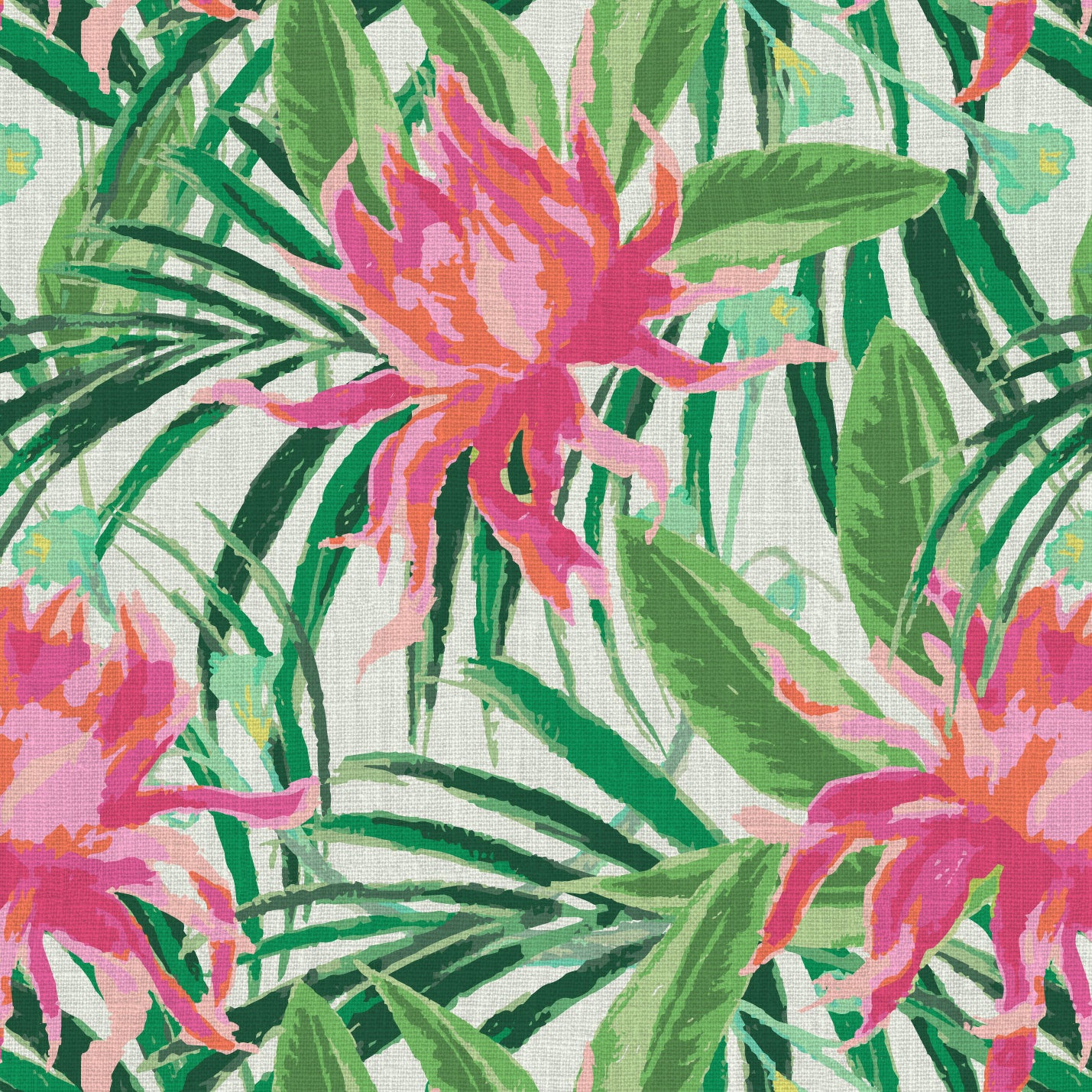 with cream based featuring oversized painterly tropical flowers and palm leafs in striking shades of pink and orange and leafs in shades of bright green Natural Textured Eco-Friendly Non-toxic High-quality Sustainable Interior Design Bold Custom Tailor-made Retro chic Tropical Jungle Coastal preppy Garden Seaside Coastal Seashore Waterfront Vacation home styling Retreat Relaxed beach vibes Beach cottage Shoreline Oceanfront botanical palm leaf fabric upholstery drapery