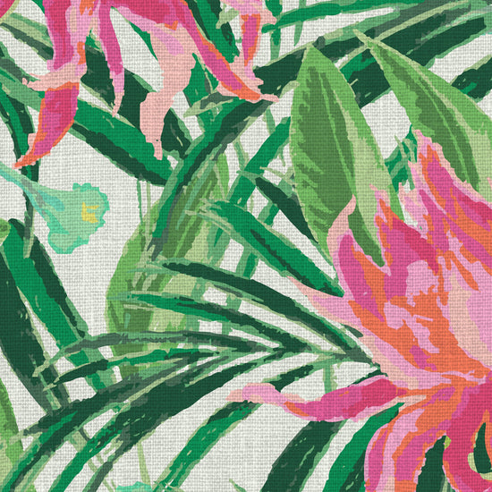 with cream based featuring oversized painterly tropical flowers and palm leafs in striking shades of pink and orange and leafs in shades of bright green Natural Textured Eco-Friendly Non-toxic High-quality Sustainable Interior Design Bold Custom Tailor-made Retro chic Tropical Jungle Coastal preppy Garden Seaside Coastal Seashore Waterfront Vacation home styling Retreat Relaxed beach vibes Beach cottage Shoreline Oceanfront botanical palm leaf fabric upholstery drapery