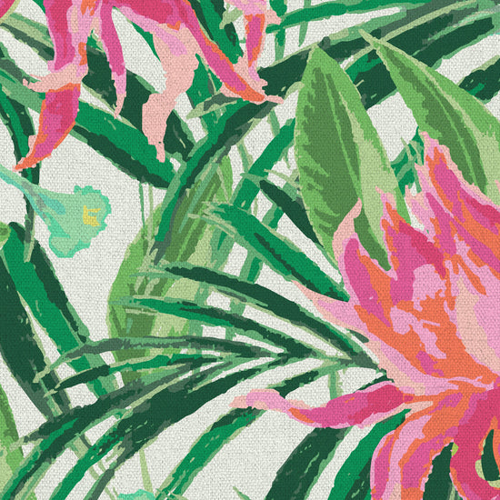 with cream based featuring oversized painterly tropical flowers and palm leafs in striking shades of pink and orange and leafs in shades of bright green Natural Textured Eco-Friendly Non-toxic High-quality Sustainable Interior Design Bold Custom Tailor-made Retro chic Tropical Jungle Coastal preppy Garden Seaside Coastal Seashore Waterfront Vacation home styling Retreat Relaxed beach vibes Beach cottage Shoreline Oceanfront botanical palm leaf fabric upholstery drapery