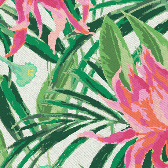 with cream based featuring oversized painterly tropical flowers and palm leafs in striking shades of pink and orange and leafs in shades of bright green Natural Textured Eco-Friendly Non-toxic High-quality Sustainable Interior Design Bold Custom Tailor-made Retro chic Tropical Jungle Coastal preppy Garden Seaside Coastal Seashore Waterfront Vacation home styling Retreat Relaxed beach vibes Beach cottage Shoreline Oceanfront botanical palm leaf fabric upholstery drapery