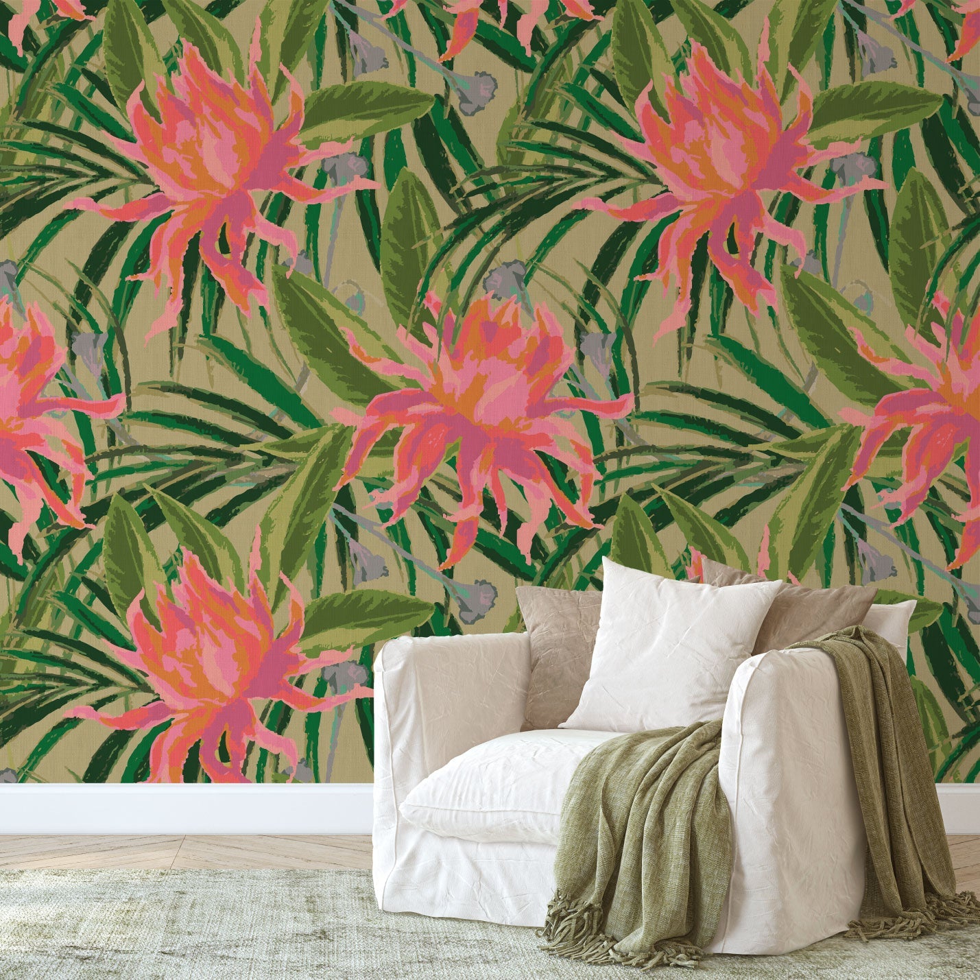 paperweave paper weave wallpaper with olive green based featuring oversized painterly tropical flowers and palm leafs in striking shades of pink, orange and lavender and leafs in shades of deep green Natural Textured Eco-Friendly Non-toxic High-quality Sustainable Interior Design Bold Custom Tailor-made Retro chic Tropical Jungle Coastal preppy Garden Seaside Coastal Seashore Waterfront Vacation home styling Retreat Relaxed beach vibes Beach cottage Shoreline Oceanfront botanical palm leaf