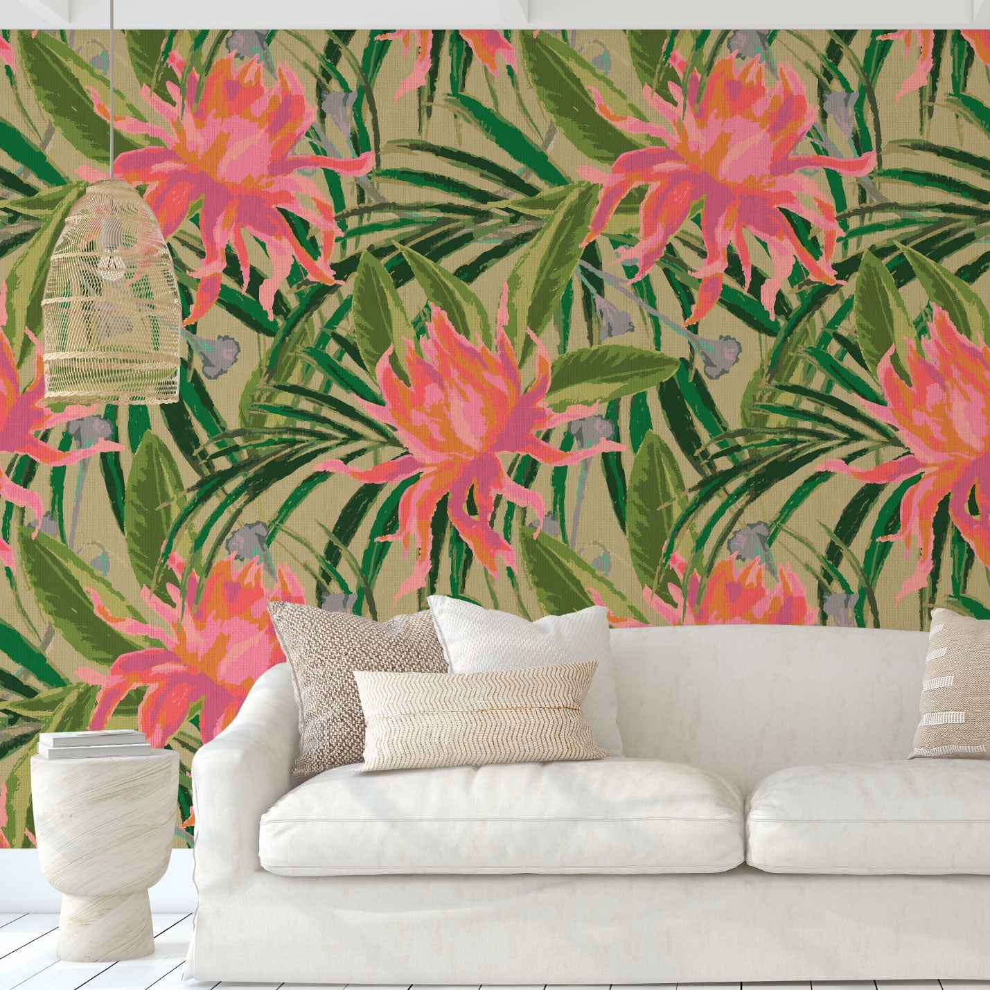 paperweave paper weave wallpaper with olive green based featuring oversized painterly tropical flowers and palm leafs in striking shades of pink, orange and lavender and leafs in shades of deep green Natural Textured Eco-Friendly Non-toxic High-quality Sustainable Interior Design Bold Custom Tailor-made Retro chic Tropical Jungle Coastal preppy Garden Seaside Coastal Seashore Waterfront Vacation home styling Retreat Relaxed beach vibes Beach cottage Shoreline Oceanfront botanical palm leaf